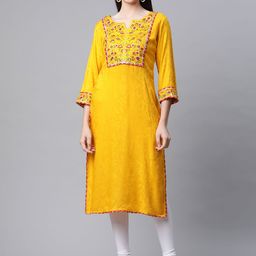 AMIRAS INDIAN ETHNIC WEAR Women Mustard Yellow Ethnic Motifs Yoke Design Gotta Patti Kurta-image-68