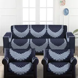 SOKNACK 10-Pcs Navy-Blue & White Printed 5-Seater Velvet Sofa Covers With Arm Rest Covers-11