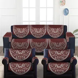 SOKNACK 10-Pc Maroon & White Ethnic Motif Printed 5-Seater Velvet Sofa Covers With Arm Res-12