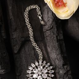 JEWELS GEHNA Silver-Plated & White AD-Studded Maang Tikka-image-8
