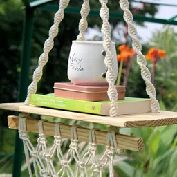 VAH Kya Bat Hai !! White & Brown Pine Knotting Wall Hanging Macrame Wooden Floating Shelf-12