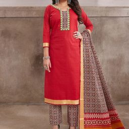Jevi Prints Women Ethnic Motifs Yoke Design Regular Thread Work Pure Cotton Kurta with Salwar & With Dupatta-12