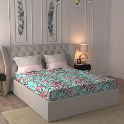 MYTRIDENT Turquoise Blue  Pink Floral Pure Cotton 144 TC Queen Bedsheet  2 Pillow Covers-image-97