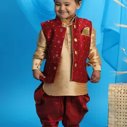 VASTRAMAY Boys Rose Gold & Maroon Kurta with Dhoti Pants & Nehru jacket-1