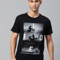 Roadster Men BlackGrey Printed Round Neck Pure Cotton T-shirt-image-4