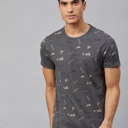 Roadster Men Charcoal Grey and Beige Quirky Printed Round Neck Pure Cotton T-shirt-picture-7