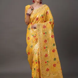 Mitera Floral Organza Banarasi Zari Saree With Blouse Piece-46