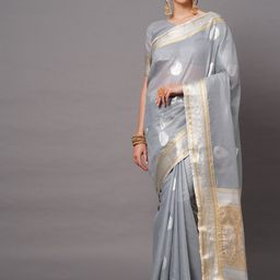 Mitera Grey & Gold-Toned Floral Zari Banarasi Saree-image-53