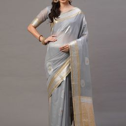 Mitera Grey & Gold-Toned Floral Banarasi Saree-image-54