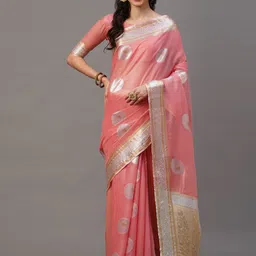 Mitera Pink & Silver Ethnic Motifs Silk Blend Banarasi Saree-picture-26
