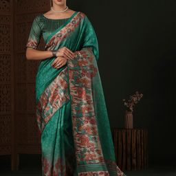 Anouk Teal Kalamkari Silk Blend Designer Dabu Saree-image-47