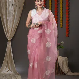 Anouk Mauva Ethnic Motifs Embroidered Organza Banarasi Saree-image-5