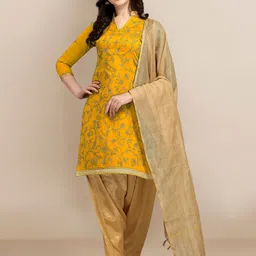 Ethnic Junction Yellow & Gold-Toned Embroidered Unstitched Dress Material-17