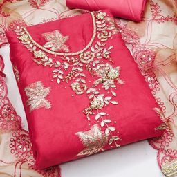 MANVAA Pink & Gold-Toned Embellished Organza Unstitched Dress Material-image-22