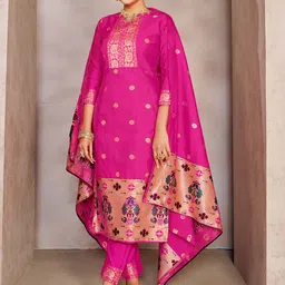 KALINI Ethnic Motifs Woven Design Tapela Silk Unstitched Dress Material-image-8