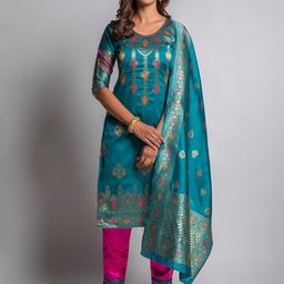 Lilots Turquoise Blue & Gold-Toned Unstitched Dress Material-image-39