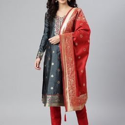 Lilots Grey & Red Unstitched Dress Material-image-62