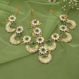 Zaveri Pearls  Gold-Plated Green & White Stone-Studded & Beaded Mathapatti Maangtikka-22