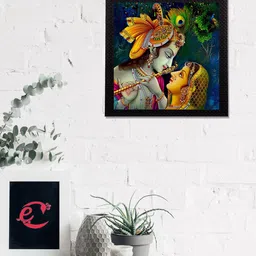 eCraftIndia Gold-Coloured & Blue Musical Krishna Radha Satin Matt Texture UV Wall Art-image-55