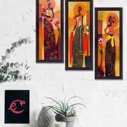 eCraftIndia Set Of 3 Yellow & Brown Tribal Village Ladies Satin Matt Texture UV Wall Art-picture-13