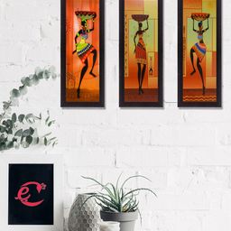 eCraftIndia Set Of 3 Orange & Green Tribal Women Figurine Satin Matt Texture UV Wall Art-image-62