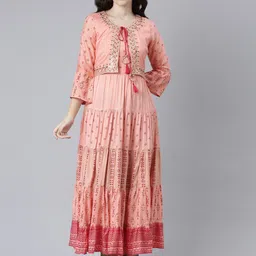 NeerusEthnic Motifs Printed Thread Work Tie-Up Neck Satin Anarkali Kurta-37