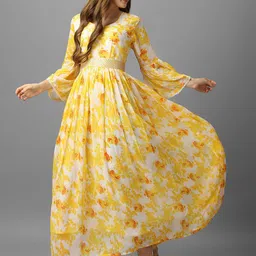ASPORA Yellow Floral Print Tie-Up Neck Bell Sleeve Georgette Maxi Dress-picture-15