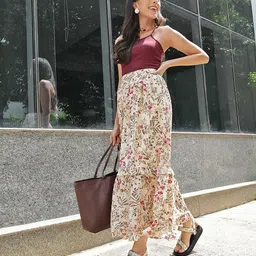 MANGO Cream-Coloured & Pink Printed Sustainable Flared Maxi Skirt-0