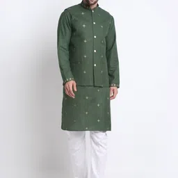 KRAFT INDIA Mandarin Collar Embroidered Sequined Kurta with Pyjamas & Nehru Jacket-picture-47