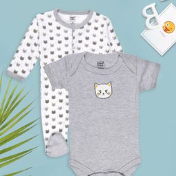MeeMee Infants Pack Of 5 Grey Melange & White Printed Pure Cotton Baby Apparel Gift Set-picture-17