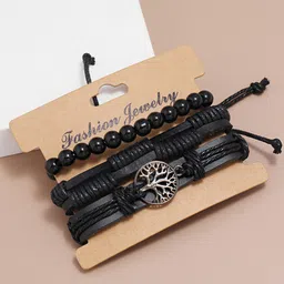 Yellow Chimes Men 3 Black Leather Wraparound Bracelet-image-51