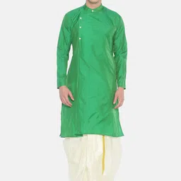 Sethukrishna Men Green & Off-White Solid Angrakha Kurta with Dhoti Pants-9
