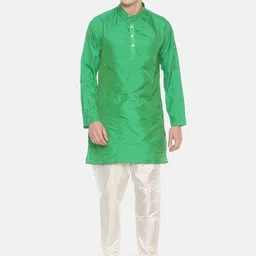 Sethukrishna Men Green & Cream-Coloured Solid Kurta with Pyjamas-3