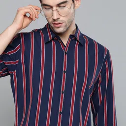 Harvard Men Navy Blue & Red Regular Fit Pure Cotton Striped Sustainable Casual Shirt-16