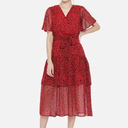 Trend Arrest Animal Printed Flared Sleeve Chiffon Fit & Flare Midi Dress-37