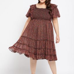 Antheaa Curve Plus Size Ethnic Motifs Print Puff Sleeve Chiffon Empire Midi Dress-image-19