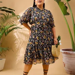 SASSAFRAS Curve Plus Size Floral Printed Tiered Georgette Fit and Flare Midi Dress-59