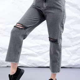 Freehand by The Indian Garage Co Women Straight Fit High-Rise Slash Knee Light Fade Jeans-image-67