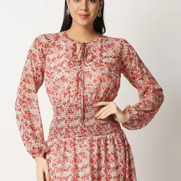 20Dresses Red & Green Floral Tie-Up Neck Georgette Drop-Waist Mini Dress-image-24