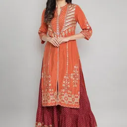 AURELIA Women Orange Yoke Design Keyhole Neck Flared Sleeves Mirror Work Anarkali Kurta-50