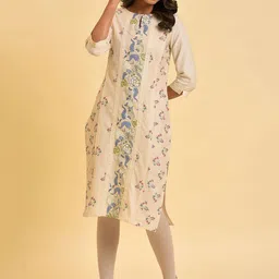 W Beige Floral Printed Keyhole Neck Cotton Linen Kurta-image-29
