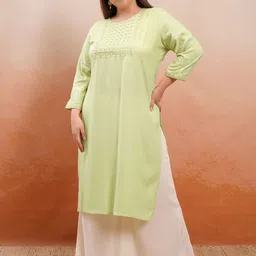Vishudh Plus Size Green Floral Yoke Design Thread Work Straight Kurta-16
