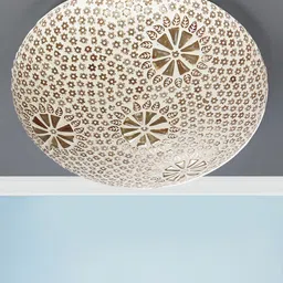 Devansh White & Gold-Toned Floral Textured Mosaic Glass Flush Mounted Lamp With Iron Base-picture-3