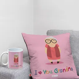 Indigifts Pink & Black 2 Pcs Quote Printed Cushion And Coffee Mug For Grandmother Gift Set-image-82