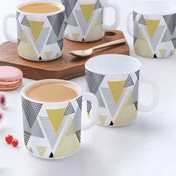 Larah by BOROSIL Nivaah White & Grey 6 Pieces Printed Opalware Matte Mugs 180 ml Each-7