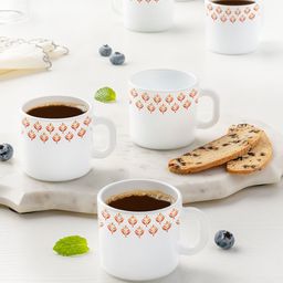Larah by BOROSIL White & Orange Floral Printed Opalware Glossy Mugs Set of Cups and Mugs-14
