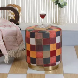 Shadowkart Maroon & Grey Checked Wooden & Velvet Round Pouffes Ottoman-picture-15