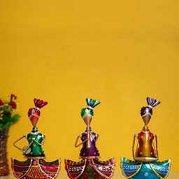 eCraftIndia Set Of 3 Blue & Red Tribal Ladies Playing Different Musical Instruments Decorative Showpiece-5