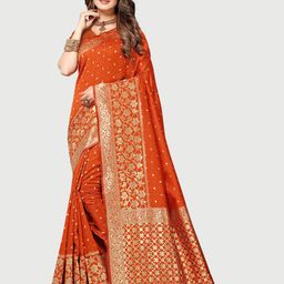 Rekha Maniyar Orange & Gold-Toned Floral Zari Silk Blend Mysore Silk Saree-image-63