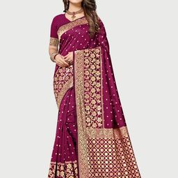 Rekha Maniyar Purple & Gold-Toned Woven Design Zari Silk Blend Mysore Silk Saree-image-64